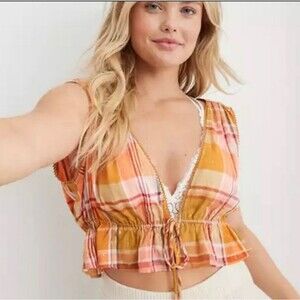 Aerie Tie Front Peplum Flounce Feminine Cropped Tank Top Small